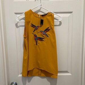Mustard Yellow Sleeveless Top with Embroidered Hummingbirds
